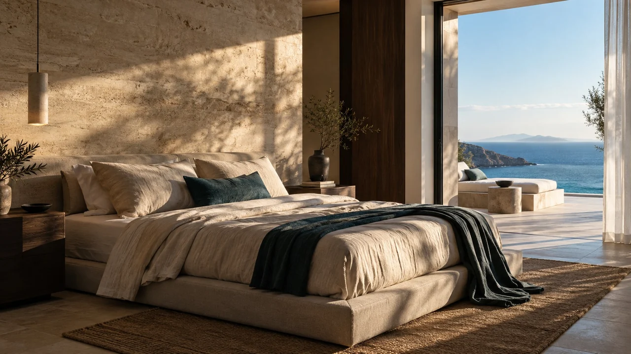 Hotelzimmer im Tageslicht mit Ausblick zum Meer